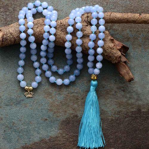 Aquamarine Sweater Necklace, with Polyester Cord & Tibetan Style, fashion jewelry & Unisex, 108PCs/Strand, Sold Per Approx 30 Inch Strand