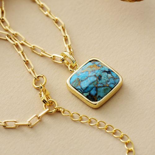 Natural Turquoise Necklace, with Tibetan Style, Square, 18K gold plated, fashion jewelry & for woman, Length:Approx 17.7 Inch, Sold By PC