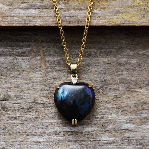 Labradorite Necklace with Zinc Alloy Heart 18K gold plated fashion jewelry & for woman Length Approx 17.7 Inch Sold By PC
