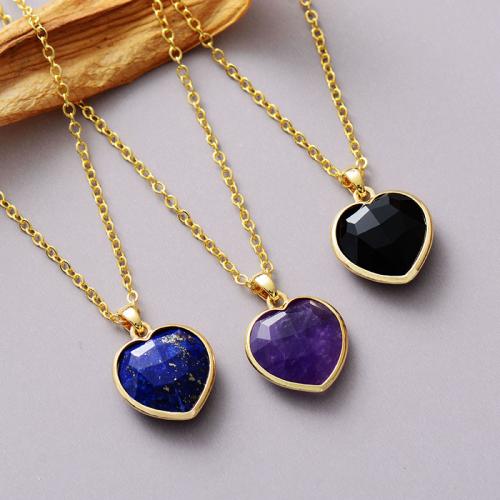 Gemstone Necklace, with Tibetan Style, Heart, 18K gold plated, fashion jewelry & different materials for choice & for woman, Length:Approx 17.7 Inch, Sold By PC