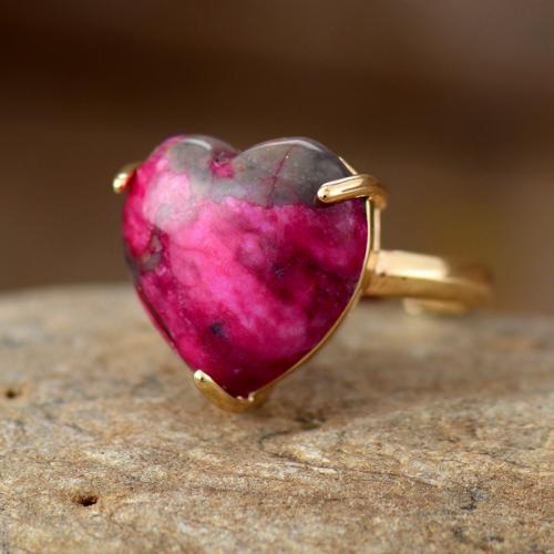 Ορείχαλκος Δέσε δάχτυλο του δακτυλίου, με Φυσική πέτρα, Καρδιά, χρώμα επίχρυσο, κοσμήματα μόδας & ρυθμιζόμενο & για τη γυναίκα, Μέγεθος:7, Sold Με PC