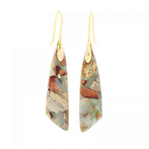 Impression Jasper Drop Earring with Brass Geometrical Pattern plated Bohemian style & for woman 65mm Sold By Pair