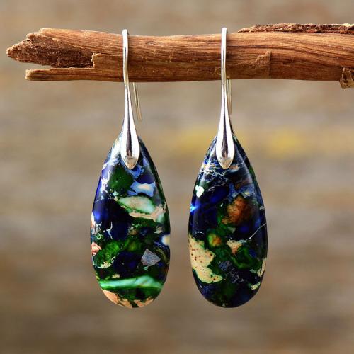 Impression Jasper Drop Earring with Brass Teardrop plated Bohemian style & for woman Sold By Pair