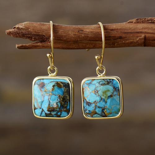 Natural Turquoise Drop Earring, with Brass, Square, gold color plated, Bohemian style & for woman, 15x35mm, Sold By Pair