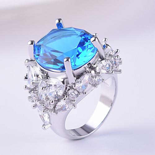 Ring Finger mosiądz, Platerowane platyną, biżuteria moda & różnej wielkości do wyboru & dla kobiety & z kamieniem, niebieski, bez zawartości niklu, ołowiu i kadmu, sprzedane przez PC