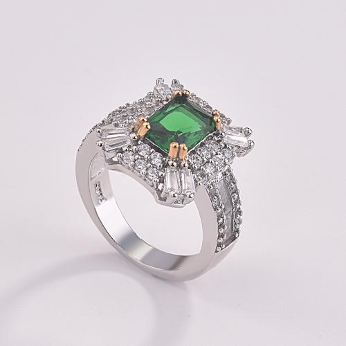 Brass Finger Ring with Cubic Zirconia Square plated fashion jewelry & for woman & with rhinestone green nickel lead & cadmium free Sold By PC