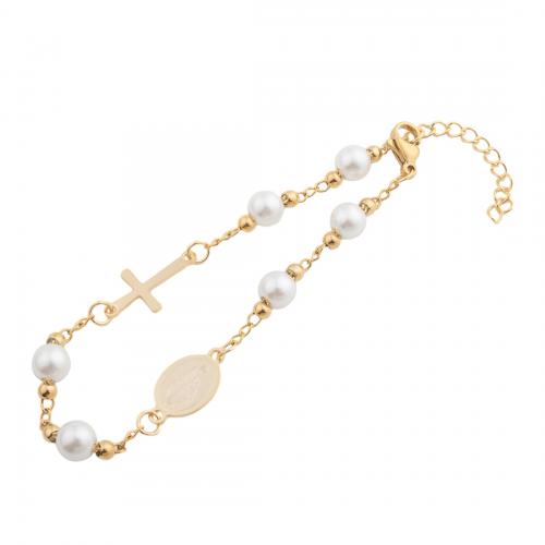 Stainless Steel Jewelry Bracelet, 304 Stainless Steel, with Plastic Pearl, fashion jewelry & for woman, golden, Length:Approx 21 cm, Sold By PC