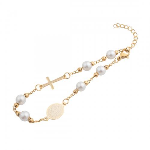 Bijoux bracelet en acier inoxydable, Acier inoxydable 304, avec perle de plastique, bijoux de mode & pour femme, doré, Longueur:Environ 21 cm, Vendu par PC