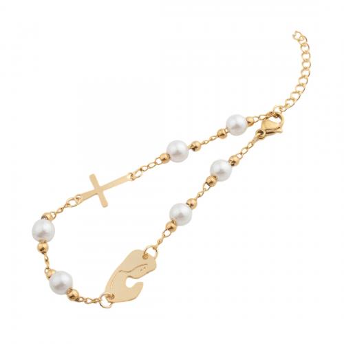 Stainless Steel Jewelry Bracelet, 304 Stainless Steel, with Plastic Pearl, fashion jewelry & for woman, golden, Length:Approx 20.5 cm, Sold By PC