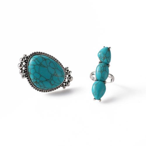 Ensemble d’anneau en alliage de zinc, avec turquoise, 2 pièces & bijoux de mode & pour femme, protéger l'environnement, sans nickel, plomb et cadmium, Vendu par fixé