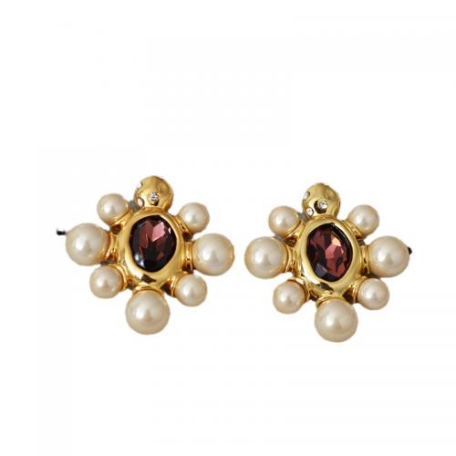 Brass Stud Earring with Glass Rhinestone & Plastic Pearl gold color plated fashion jewelry & for woman golden nickel lead & cadmium free 30mm Sold By Pair