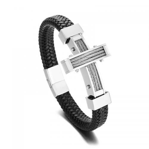 PU Leather Cord Bracelets with 304 Stainless Steel Cross Vacuum Ion Plating fashion jewelry & for man 12mm Length Approx 22 cm Sold By PC