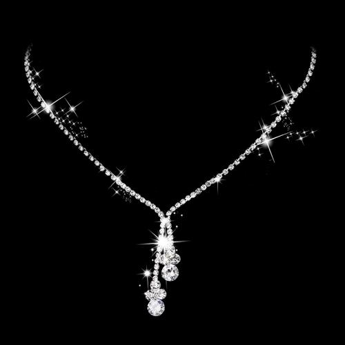 Brass Jewelry Set earring & necklace with Cubic Zirconia silver color plated & for woman & with rhinestone nickel lead & cadmium free Length 43 cm Sold By PC