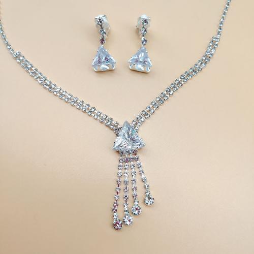 Brass Jewelry Set Stud Earring & necklace silver color plated & for woman & with rhinestone nickel lead & cadmium free Length 56 cm Sold By Set