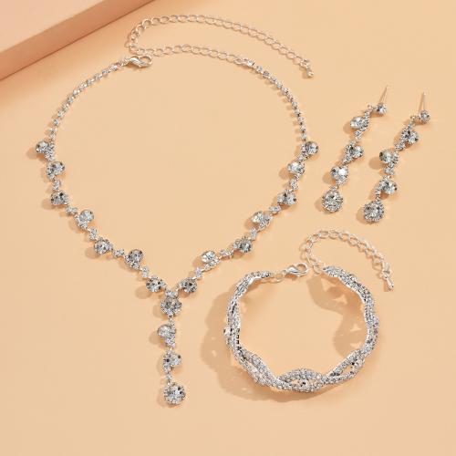 Brass Jewelry Set Stud Earring & bracelet & necklace with 15CM extender chain silver color plated & for woman & with rhinestone nickel lead & cadmium free Length 30 cm Sold By Set