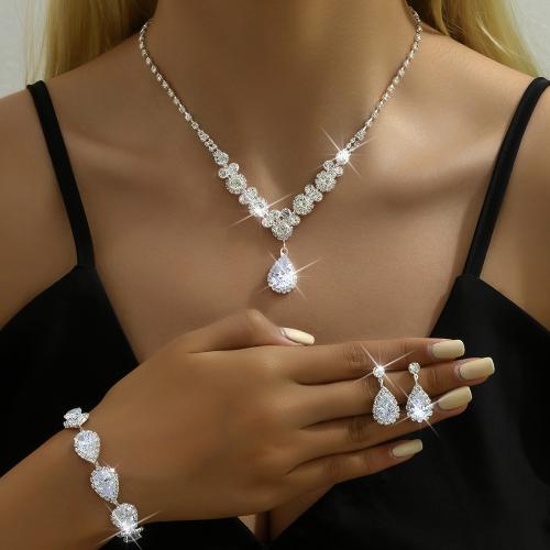 Brass Jewelry Set, Stud Earring & bracelet & necklace, with Cubic Zirconia, silver color plated, different styles for choice & for woman & with rhinestone, more colors for choice, nickel, lead & cadmium free, Sold By Set