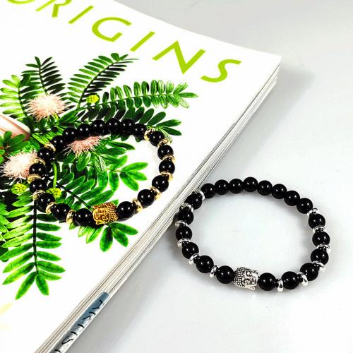 Gemstone Bracelets, Black Stone, with Black Agate & Tibetan Style, plated, Unisex, more colors for choice, nickel, lead & cadmium free, 8mm, Approx 23PCs/Strand, Sold Per Approx 18.5-19 cm Strand