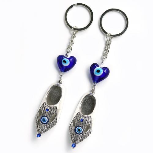 Schlüsselanhänger, Lampwork, mit Zinklegierung, Schuhe, plattiert, Auto-design & böser Blick- Muster, blau, 150mm, verkauft von PC
