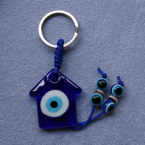 Bag Purse Charms Keyrings Keychains Lampwork with Cotton Thread & Zinc Alloy Shoes plated Unisex & evil eye pattern blue 150mm Sold By PC