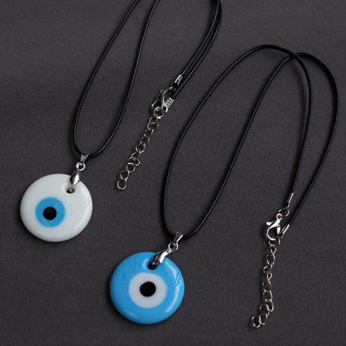 Evil Eye Jewelry Necklace, Lampwork, with Wax Cord & White Porcelain, with 5CM extender chain, Round, plated, evil eye pattern & for woman, more colors for choice, 30mm, Length:30 cm, Sold By PC