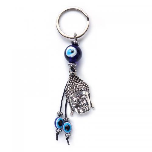 مفتاح سلسلة, زجاج, مع النايلون الحبل & الراتنج & سبائك الزنك, لون الفضة مطلي, مجوهرات الموضة & نمط العين, أزرق, 120mm, تباع بواسطة PC