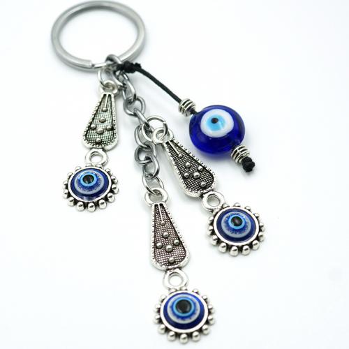 Schlüsselanhänger, Glas, mit Zinklegierung, rund, silberfarben plattiert, Modeschmuck & böser Blick- Muster, blau, 120mm, verkauft von PC