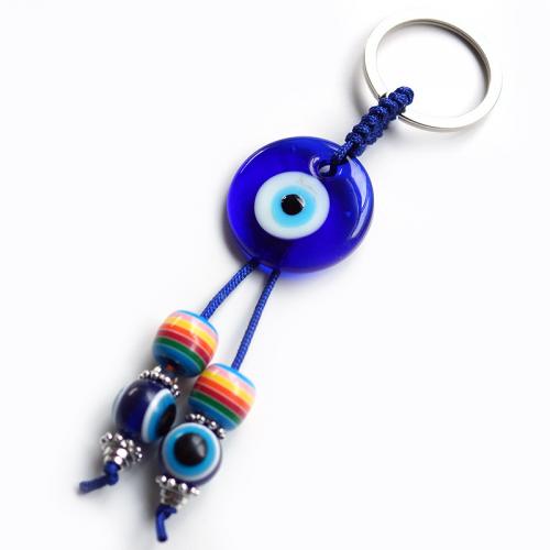 Porte-clés, verre, avec corde en nylon & alliage de zinc, Rond, Placage de couleur argentée, pour la maison et le bureau & motif de mauvais œil, bleu, 30mm, Vendu par PC