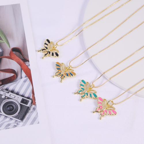 Cubic Zircon Micro Pave Brass Necklace, with enamel, with 6cm extender chain, Butterfly, fashion jewelry & micro pave cubic zirconia & for woman, more colors for choice, nickel, lead & cadmium free, Pendant:2x2.5cm, Length:Approx 47 cm, Sold By PC