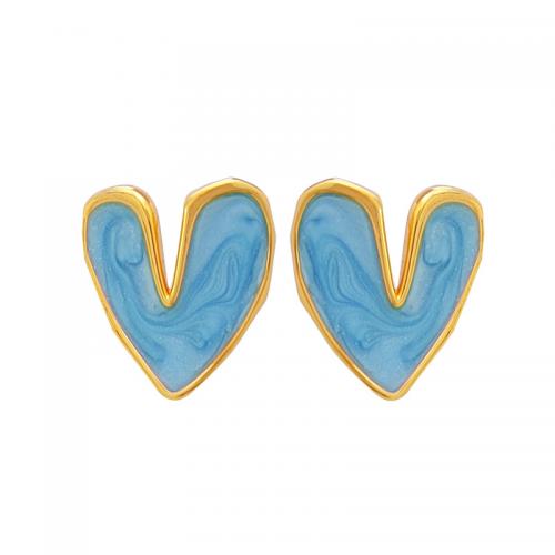Brass Stud Earring, Heart, real gold plated, for woman & enamel, more colors for choice, 19x16mm, Sold By Pair