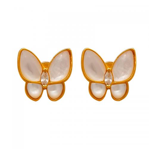 Boucles d'oreilles en laiton zircon cubique pavent, avec coquille, papillon, Plaqué d'or, pavé de micro zircon & pour femme, doré, 17x17mm, Vendu par paire