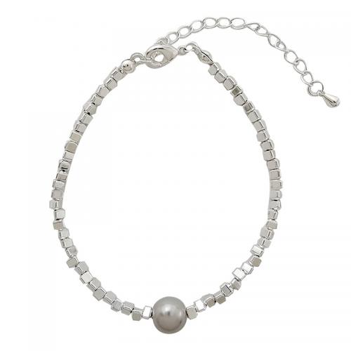 Messing-Armbänder, Messing, mit Obsidian & Kunststoff Perlen, mit Verlängerungskettchen von 6CM, vergoldet, für Frau, Silberfarbe, Länge:ca. 17.5 cm, verkauft von PC