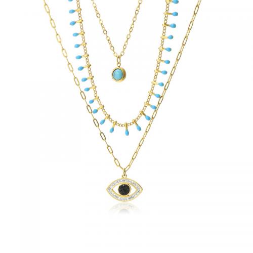 Evil Eye Jewelry Necklace, 304 Stainless Steel, with turquoise & Cubic Zirconia, fashion jewelry & multilayer & for woman, golden, nickel, lead & cadmium free, Sold By PC