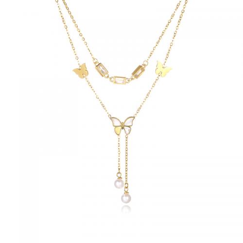 Edelstahl Schmuck Halskette, 304 Edelstahl, mit Strass & Kunststoff Perlen, Doppelschicht & Modeschmuck & für Frau, goldfarben, frei von Nickel, Blei & Kadmium, verkauft von PC