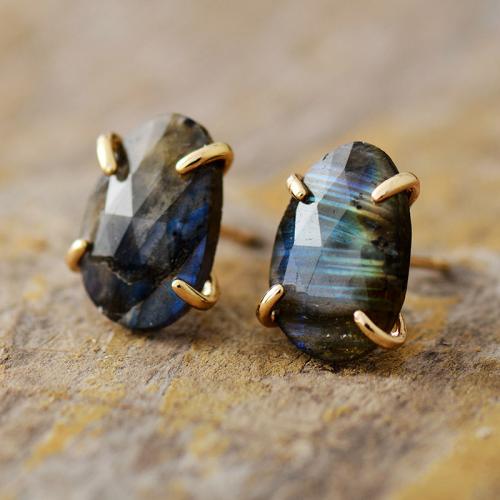 Labradorite Stud Earring with Brass Oval gold color plated Bohemian style & for woman Sold By Pair