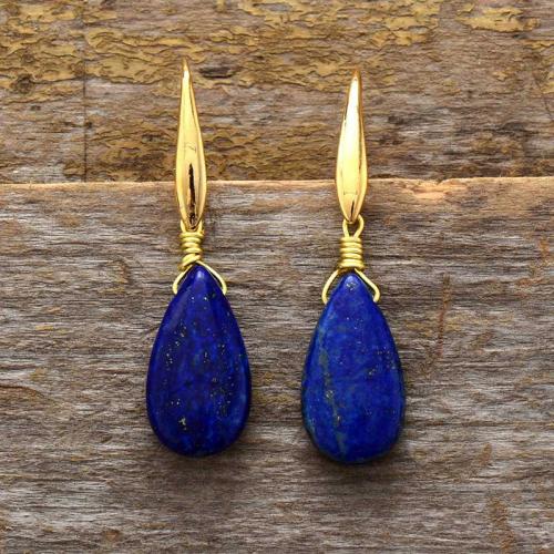 Lapis lazuli Boucle d'oreille goutte, avec laiton, larme, Placage de couleur d'or, Style bohème & pour femme, 10x35mm, Vendu par paire