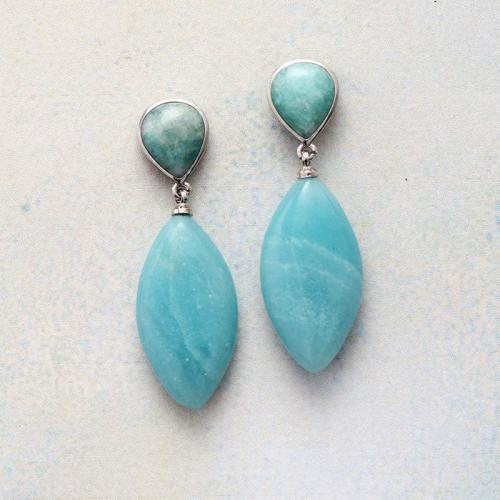 ​Amazonite​ Drop Earring, with Brass, Teardrop, platinum color plated, Bohemian style & for woman, 25x50mm, Sold By Pair