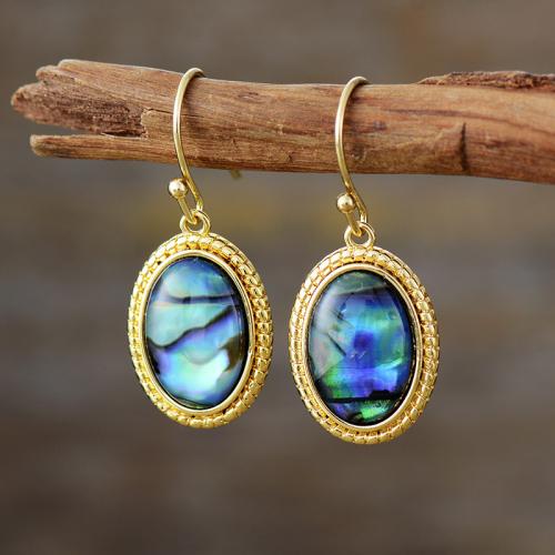 Abalone Shell Drop Earring with Brass Oval gold color plated Bohemian style & for woman Sold By Pair