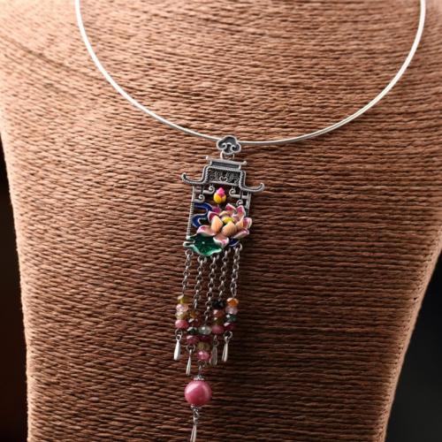 Brass Collar with Rhodonite & Tourmaline Lotus silver color plated vintage & Unisex & enamel Length Approx 17.7 Inch Sold By PC