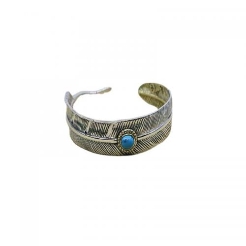 laiton bracelet manchette, avec turquoise, forme de plume, Plaqué de couleur d'argent, Vintage & pour homme, Diamètre intérieur:Environ 60mm, Vendu par PC