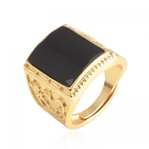 Ring Finger mosiądz, Prostokąt, Platerowane w kolorze złota, biżuteria moda & dla człowieka, czarny, bez zawartości niklu, ołowiu i kadmu, 24x16mm, rozmiar:8, sprzedane przez PC