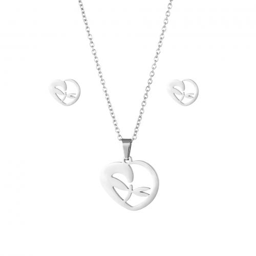 Fashion Stainless Steel Jewelry Sets, Stud Earring & necklace, 304 Stainless Steel, Heart, 2 pieces & fashion jewelry & for woman, silver color, Length:Approx 45 cm, Sold By Set