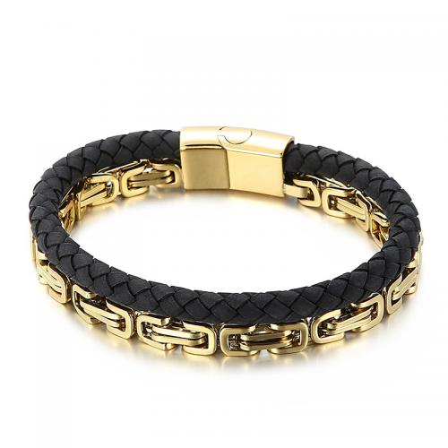 Stainless Steel Jewelry Bracelet, 304 Stainless Steel, with PU Leather, Vacuum Ion Plating, fashion jewelry & for man, more colors for choice, Length:Approx 21 cm, Sold By PC