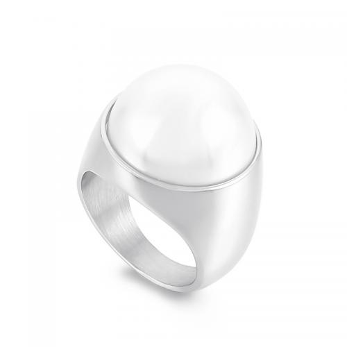 Палец кольцо из нержавеющей стали, Нержавеющая сталь 304, с Пластиковая жемчужина, полированный, ювелирные изделия моды & разный размер для выбора & Женский, оригинальный цвет, продается PC