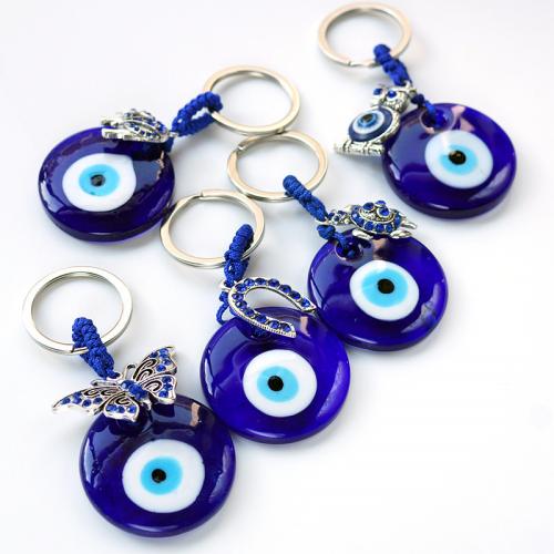 Bag Purse Charms Keyrings Keychains Glass with Nylon Cord & Zinc Alloy plated evil eye pattern & with rhinestone Sold By PC