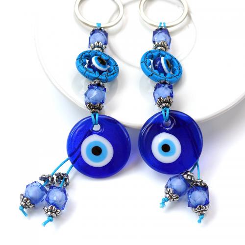 Porte-clés, verre, avec corde en nylon & alliage de zinc, Rond, Placage, bijoux de mode & motif de mauvais œil, bleu, 160mm, Vendu par PC