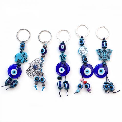 Bag Purse Charms Keyrings Keychains Glass with Resin & Zinc Alloy Round silver color plated evil eye pattern Sold By PC