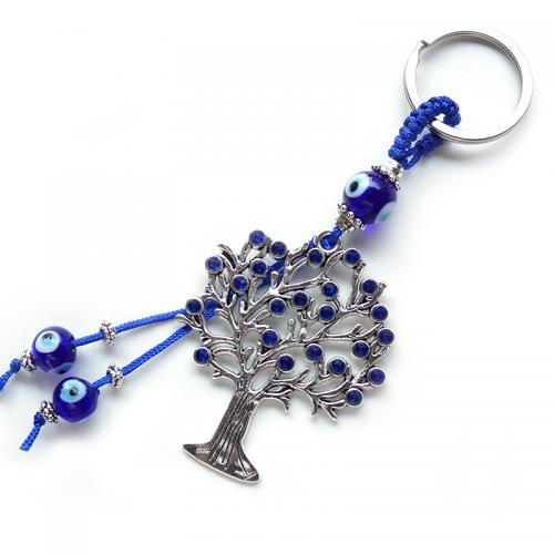 Schlüsselanhänger, Glas, mit Nylonschnur & Zinklegierung, Baum, silberfarben plattiert, Modeschmuck & böser Blick- Muster & mit Strass, blau, 150mm, verkauft von PC