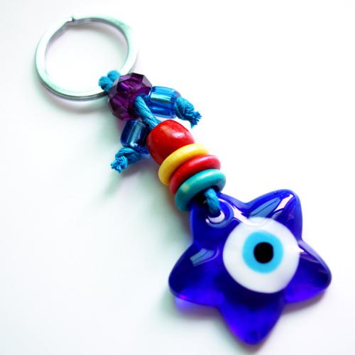 Bag Purse Charms Keyrings Keychains Glass with Nylon Cord & Zinc Alloy Square plated evil eye pattern 110mm Sold By PC
