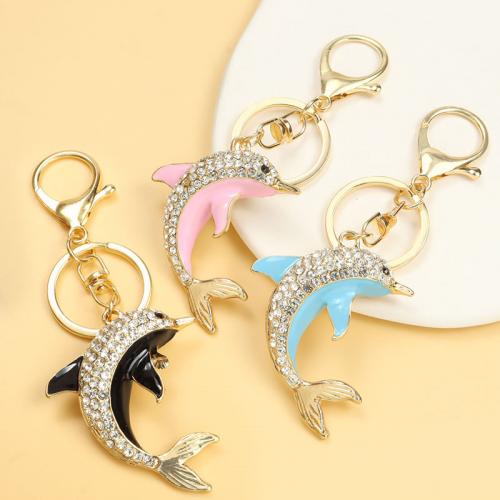Zinc Alloy Key Clasp Dolphin gold color plated enamel & with rhinestone Sold By PC