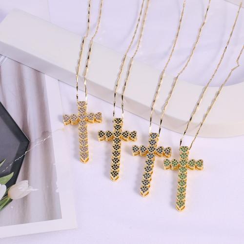 Cubic Zircon Micro Pave Brass Necklace, with 6cm extender chain, Cross, fashion jewelry & micro pave cubic zirconia & for woman, more colors for choice, nickel, lead & cadmium free, Pendant:4.3x2.5cm, Length:Approx 47 cm, Sold By PC